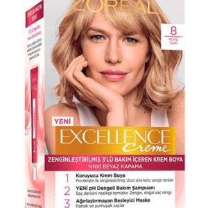 کیت رنگ مو لورال LOREAL سری EXCELLENCE CREME شماره 8 بلوند روشن_68f26aa1e3659.jpeg کیت رنگ مو لورال LOREAL سری EXCELLENCE CREME شماره 8 بلوند روشن