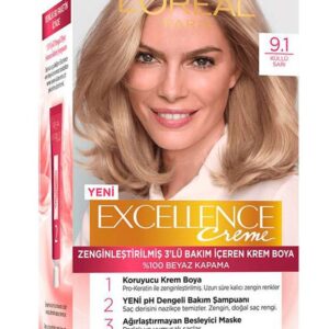 کیت رنگ مو لورال LOREAL سری EXCELLENCE CREME شماره 9.1 بلوند خاکستری خیلی روشن_68f26a955d024.jpeg کیت رنگ مو لورال LOREAL سری EXCELLENCE CREME شماره 9.1 بلوند خاکستری خیلی روشن