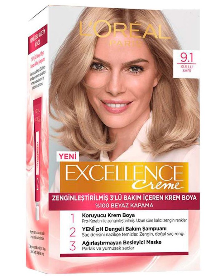 کیت رنگ مو لورال LOREAL سری EXCELLENCE CREME شماره 9.1 بلوند خاکستری خیلی روشن